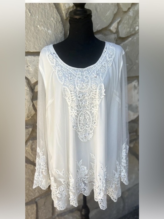 Roaman's Tops - Roaman's Embellished‎ Mesh Overlay Tunic Top 22W Ivory Crochet Lace Pearl NEW